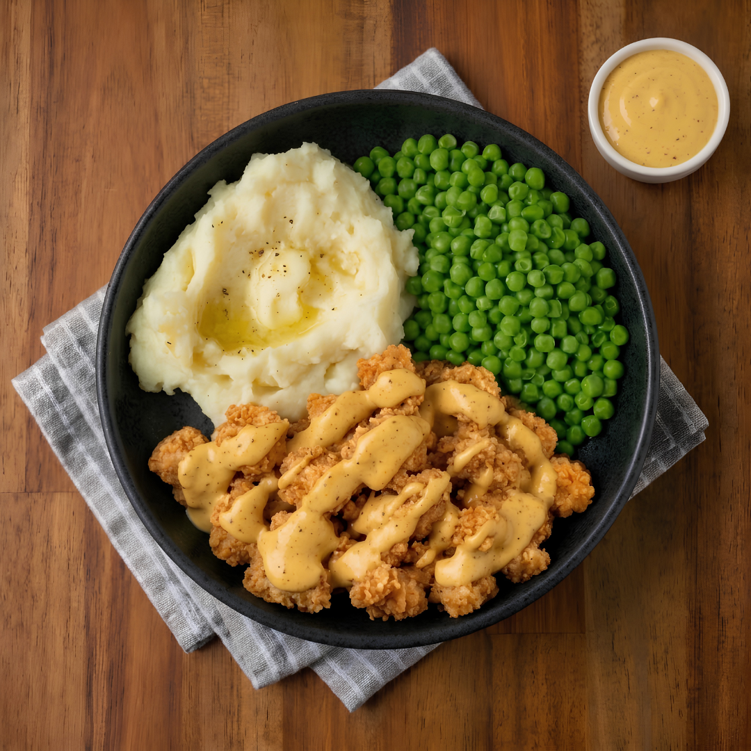 Popcorn Chicken w Mash, Peas & Chipotle Mayo