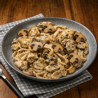 Spinach fettuccine with chicken stroganoff