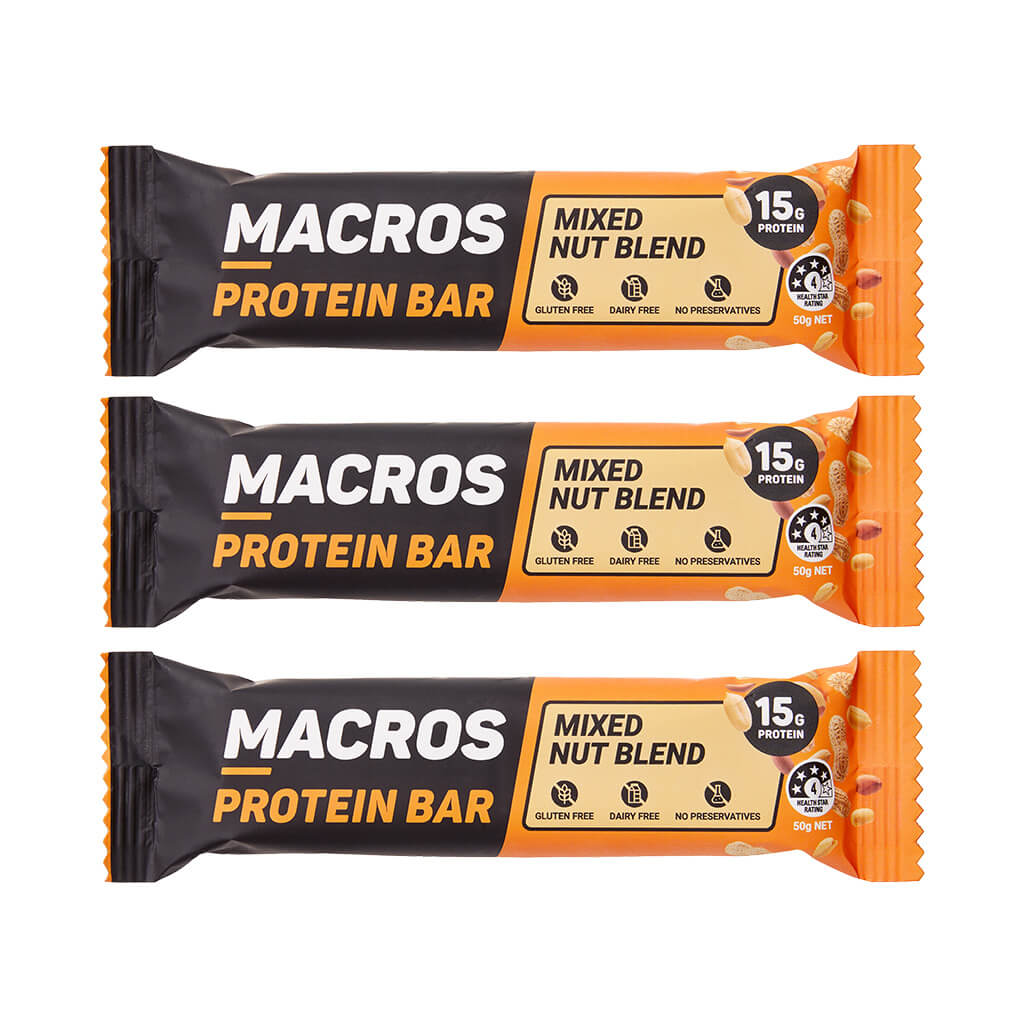 A product image of mixed nut blend protein bar from Macros ready made meals.