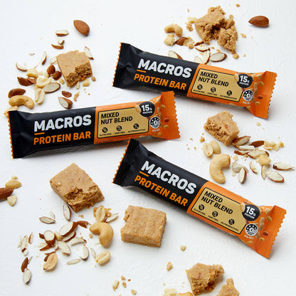 A product image of mixed nut blend protein bar from Macros ready made meals.