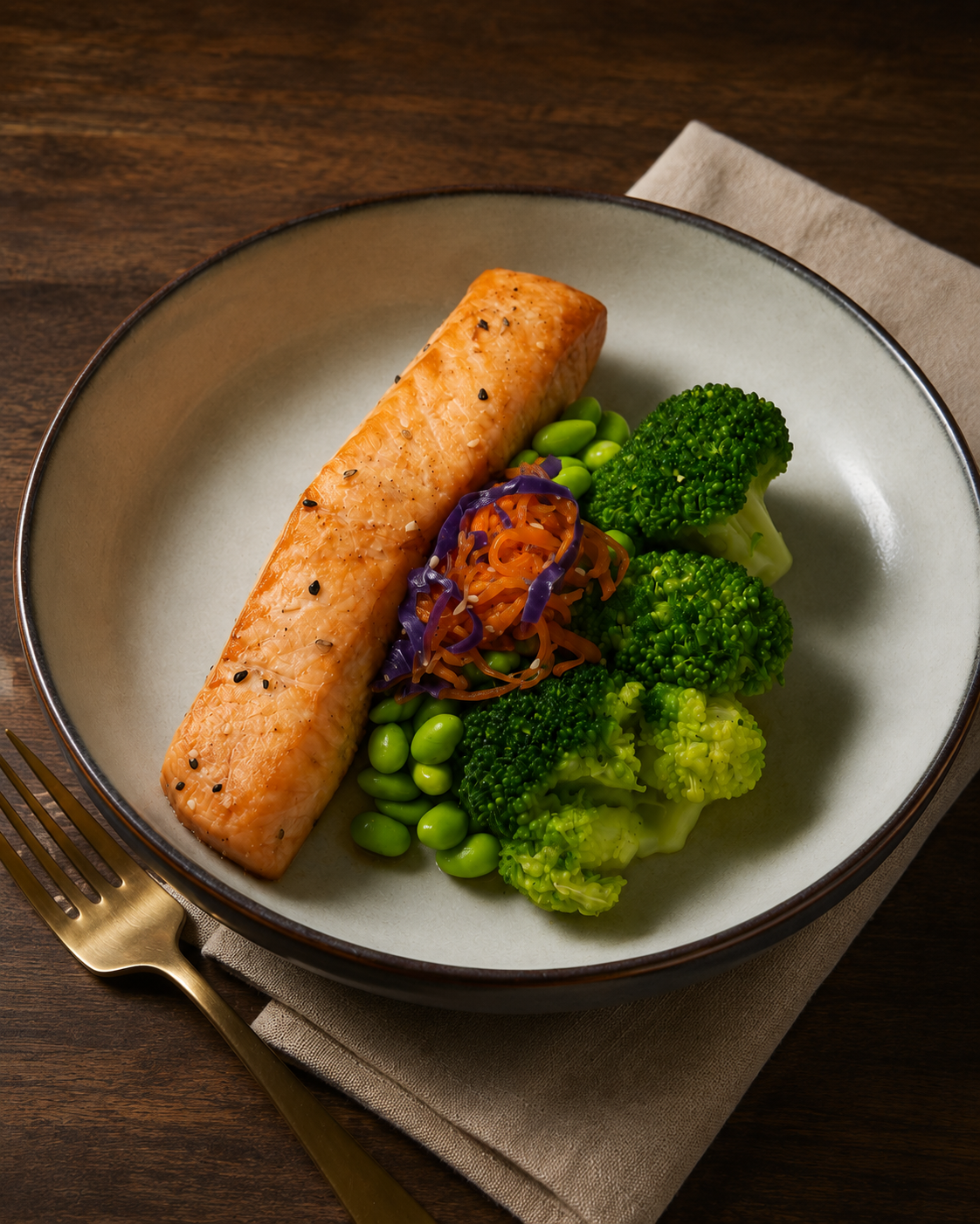 Miso Salmon with Broccoli, Edamame & Slaw