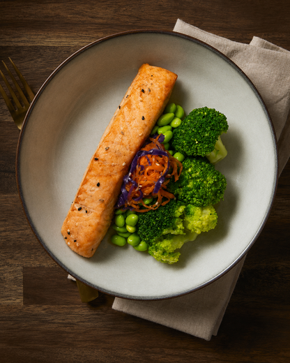 Miso Salmon with Broccoli, Edamame & Slaw